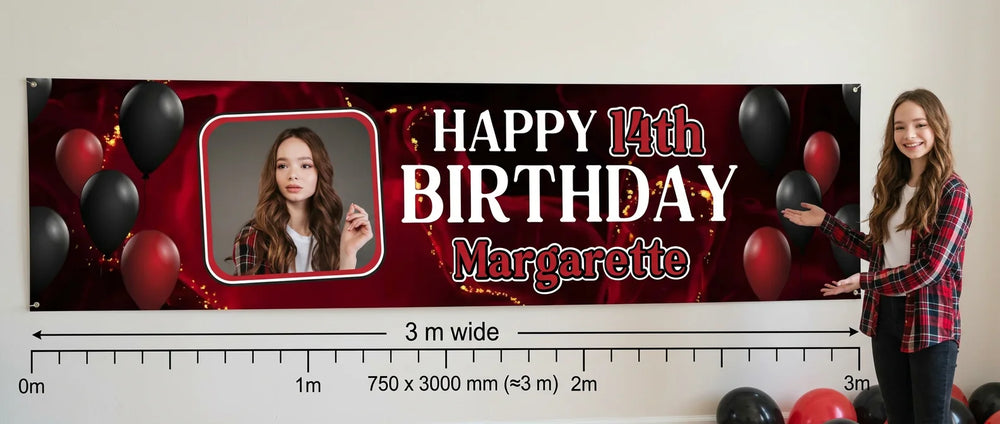 Person standing beside the Red and Black Theme Birthday Party Banner for scale, with size guide showing 750 x 3000 mm