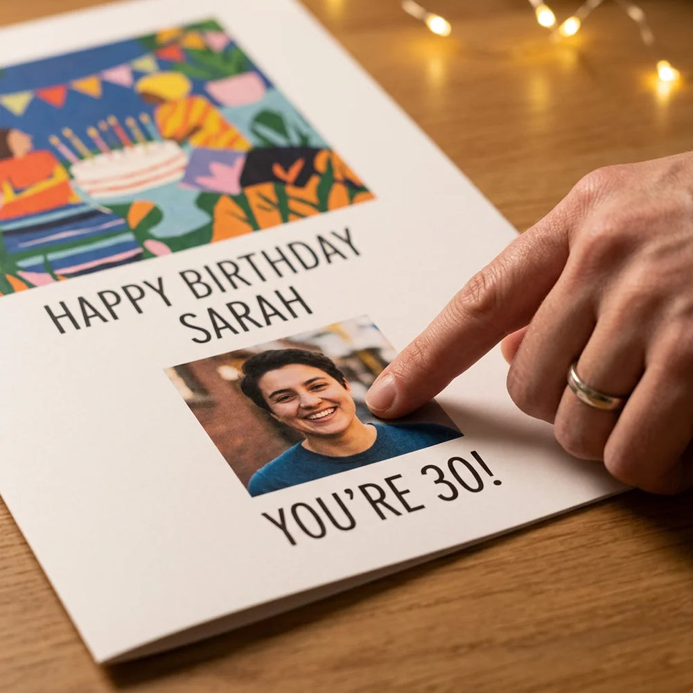 Close-up of the personalised name and photo printed on the Red and Black Theme Birthday Party Mega Card