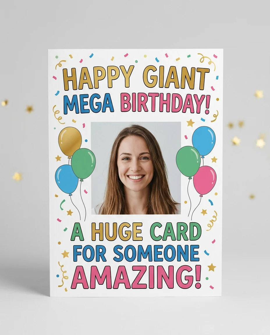 Personalised Red and Black Theme Birthday Party Mega Card displayed against a plain studio background