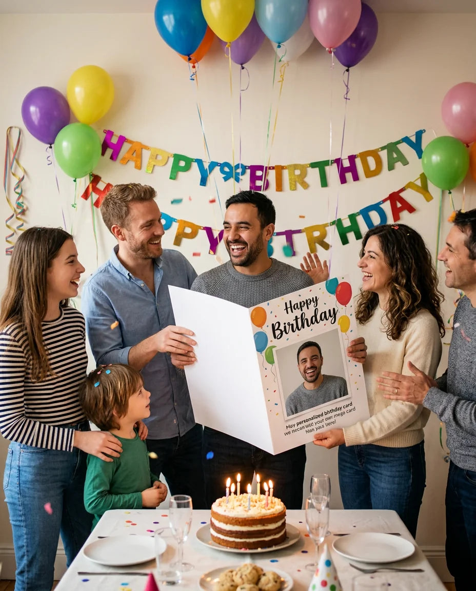 Friends and family celebrating with the personalised Red and Black Theme Birthday Party Mega Card