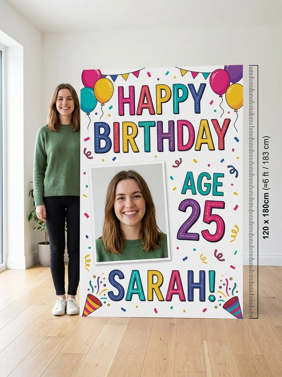 Person standing beside the Red and Black Theme Birthday Party Mega Card for scale in a size guide