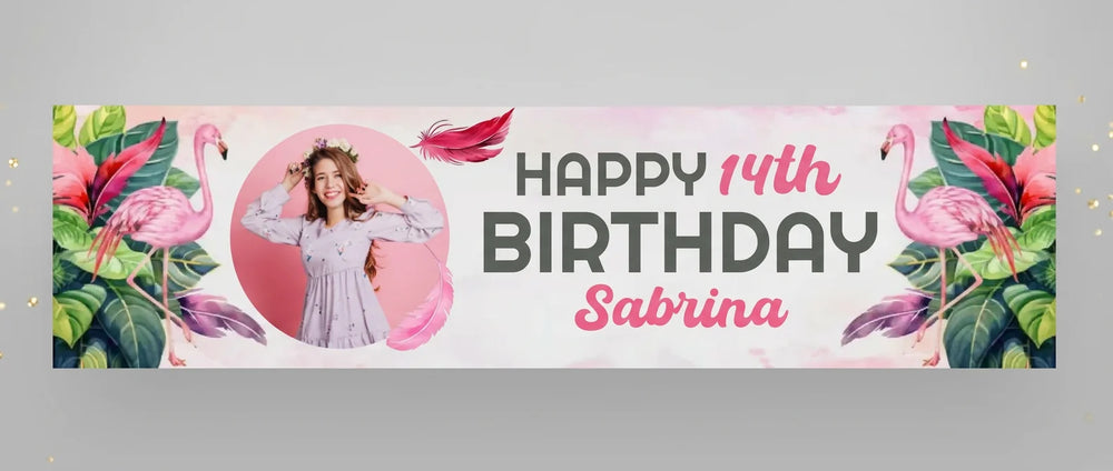 Personalised Tropical Flamingo Theme Birthday Party Banner displayed against a plain studio background
