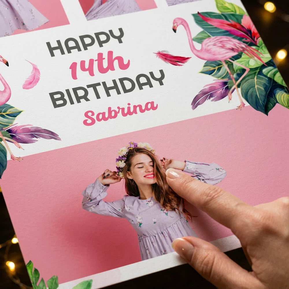 Close-up of the personalised name and photo printed on the Tropical Flamingo Theme Birthday Party Mega Card