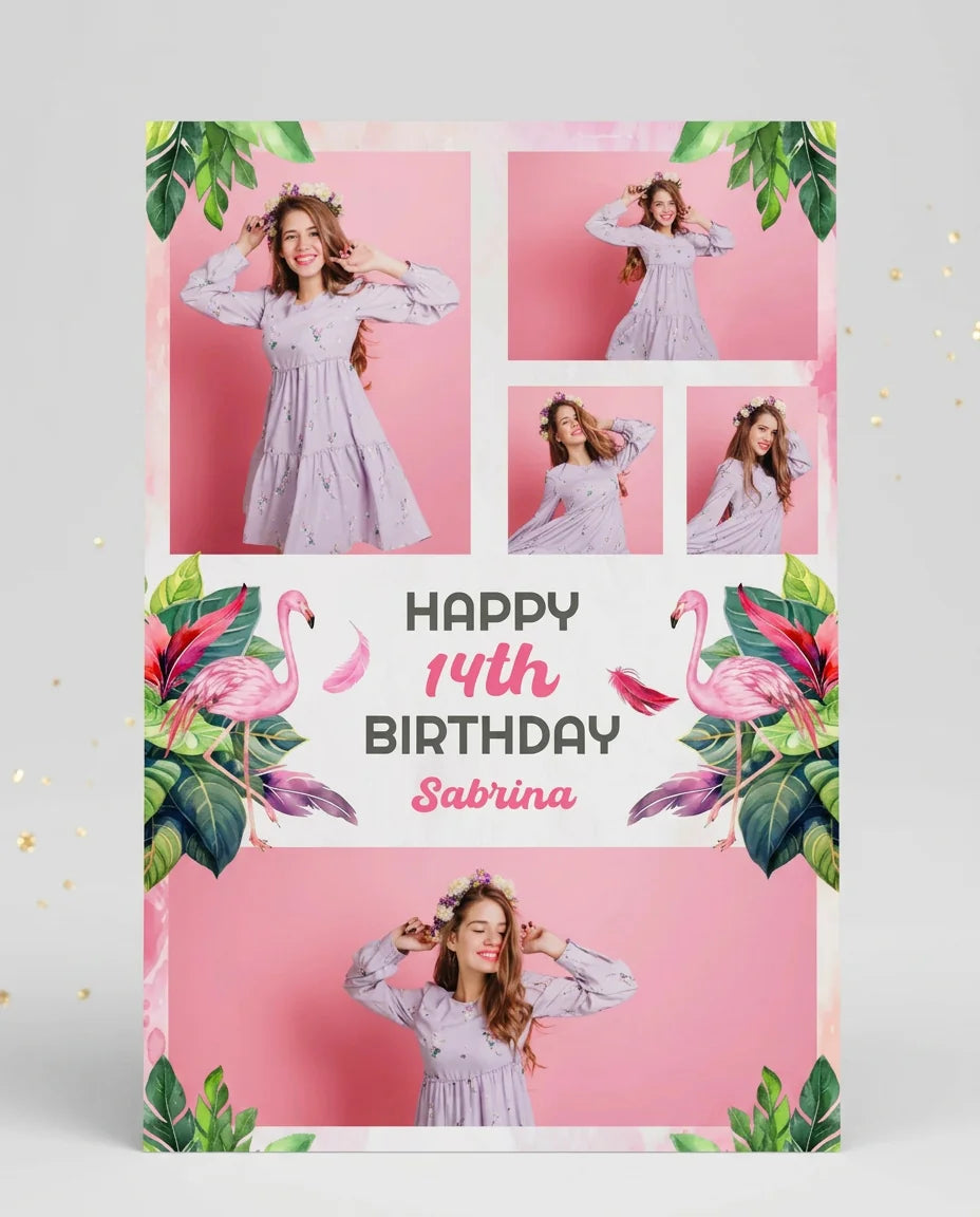 Personalised Tropical Flamingo Theme Birthday Party Mega Card displayed against a plain studio background