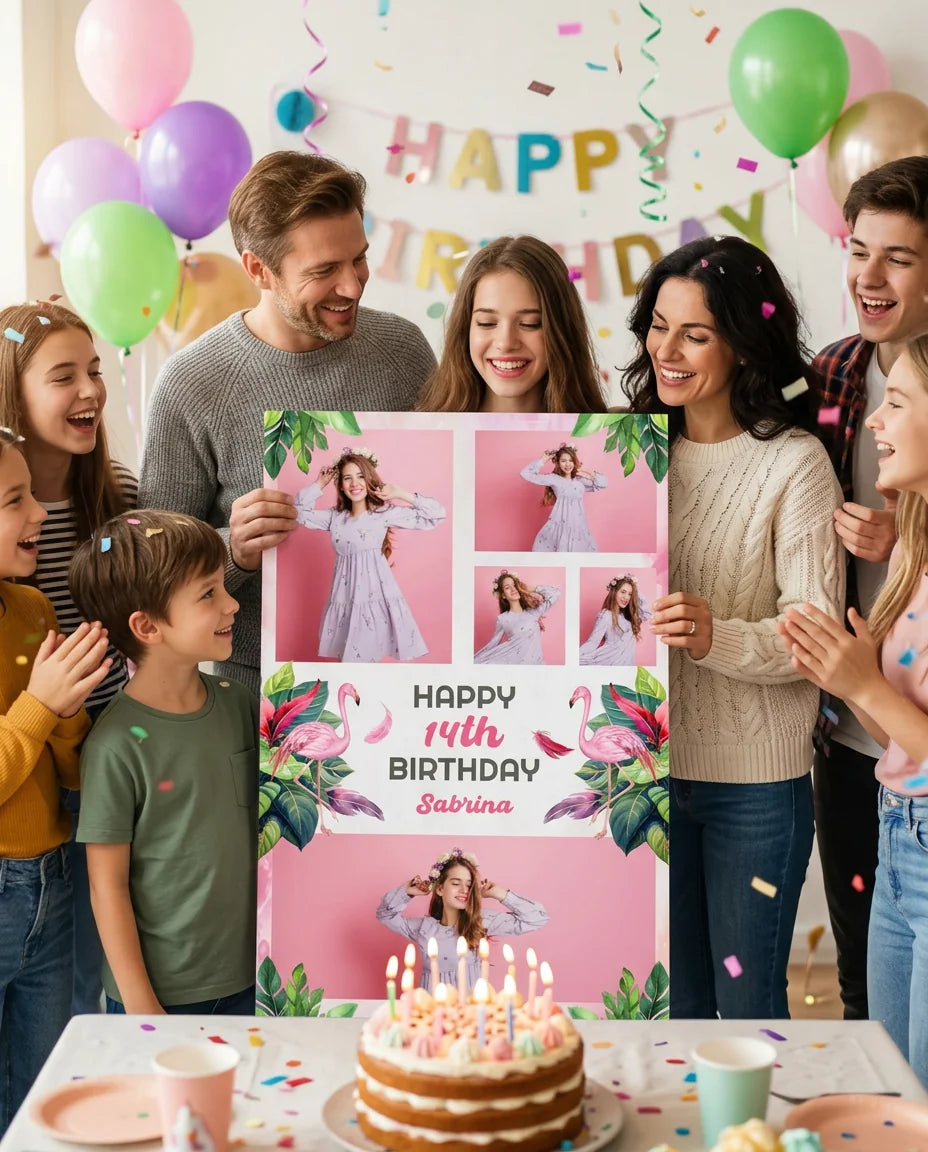 Friends and family celebrating with the personalised Tropical Flamingo Theme Birthday Party Mega Card
