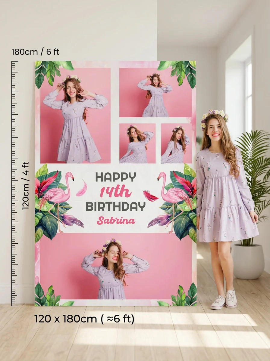 Person standing beside the Tropical Flamingo Theme Birthday Party Mega Card for scale in a size guide