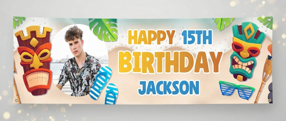 Personalised Luau Theme Birthday Party Banner displayed against a plain studio background