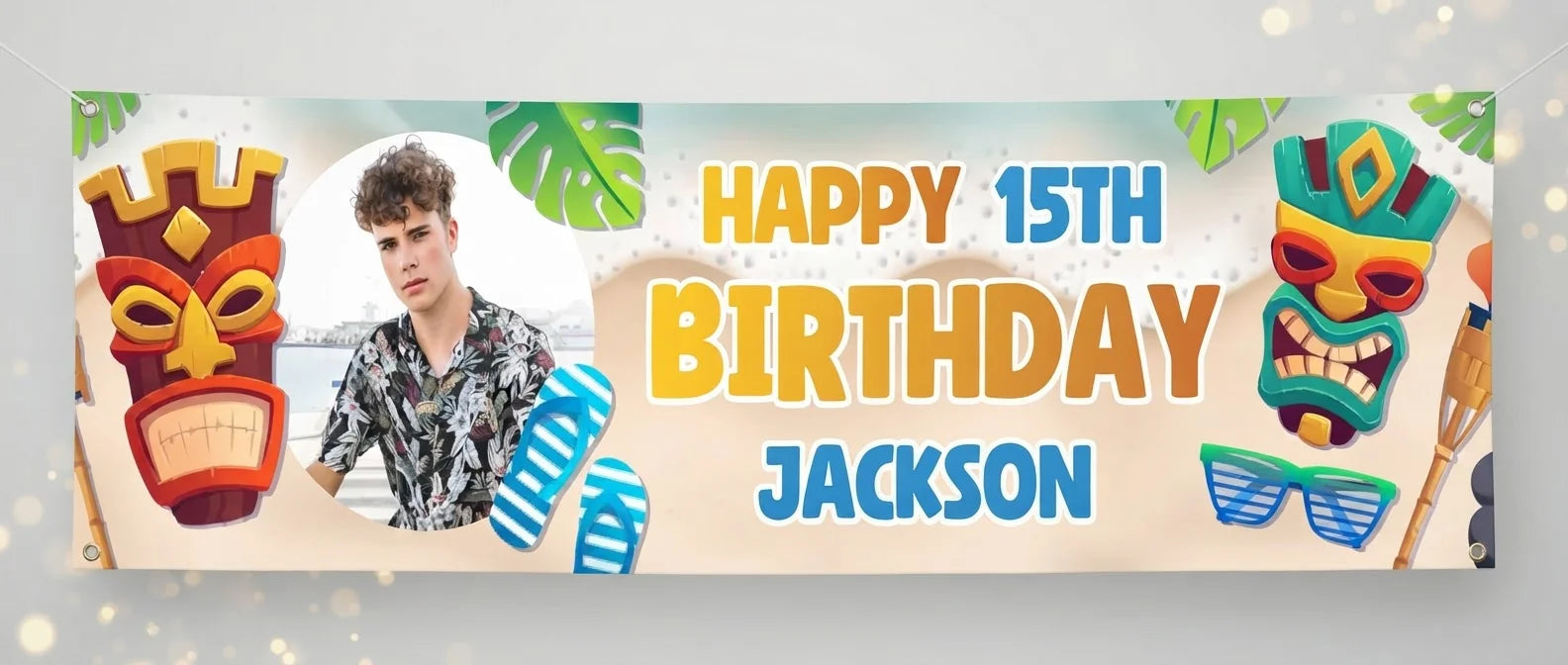 Personalised Luau Theme Birthday Party Banner displayed against a plain studio background