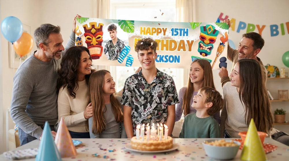 Friends and family celebrating with the personalised Luau Theme Birthday Party Banner