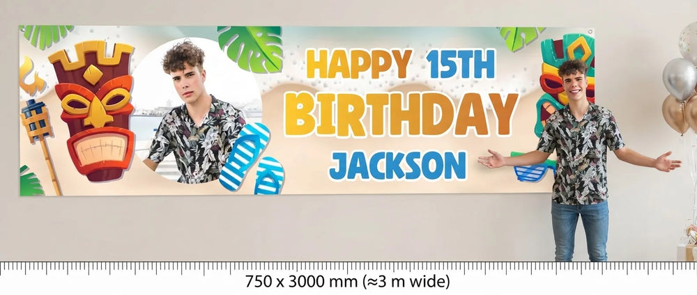 Person standing beside the Luau Theme Birthday Party Banner for scale, with size guide showing 750 x 3000 mm
