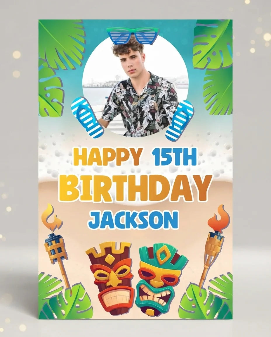 Personalised Luau Theme Birthday Party Mega Card displayed against a plain studio background