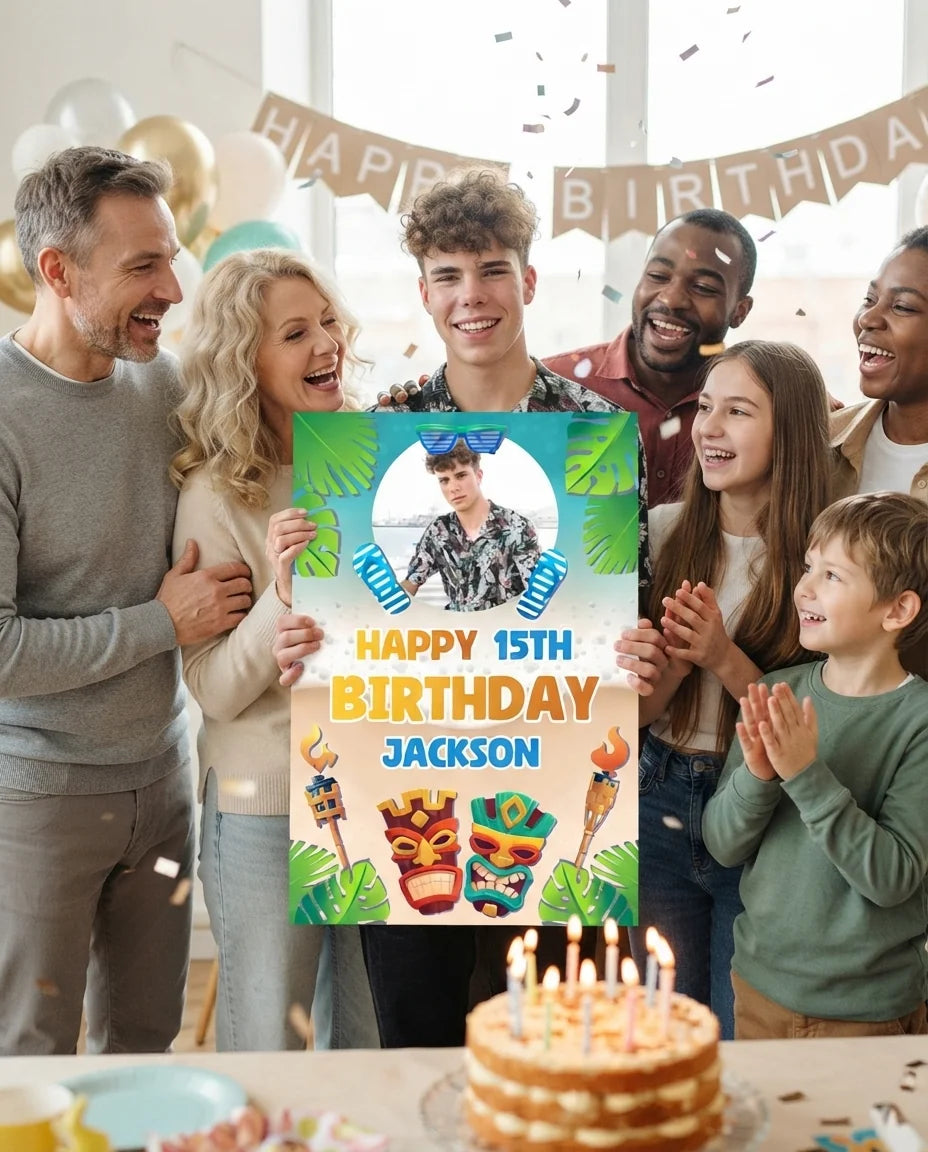 Friends and family celebrating with the personalised Luau Theme Birthday Party Mega Card