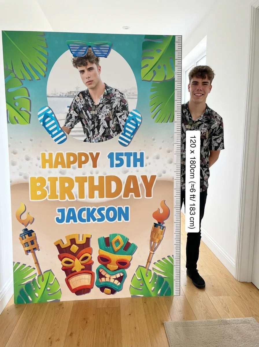 Person standing beside the Luau Theme Birthday Party Mega Card for scale in a size guide