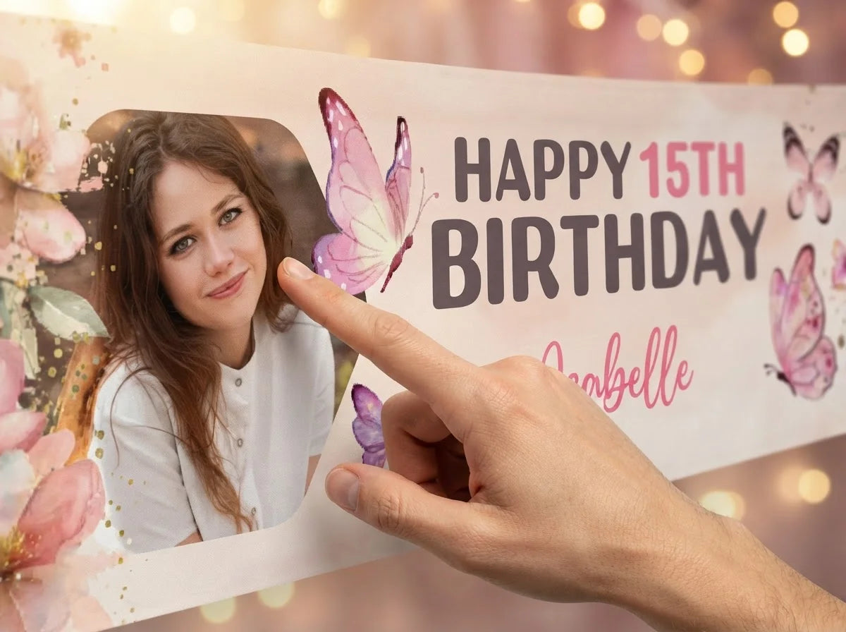 Close-up of the personalised name and photo printed on the Pink Butterfly Floral Theme Birthday Party Banner