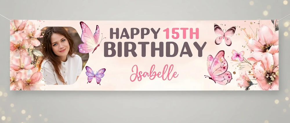 Personalised Pink Butterfly Floral Theme Birthday Party Banner displayed against a plain studio background