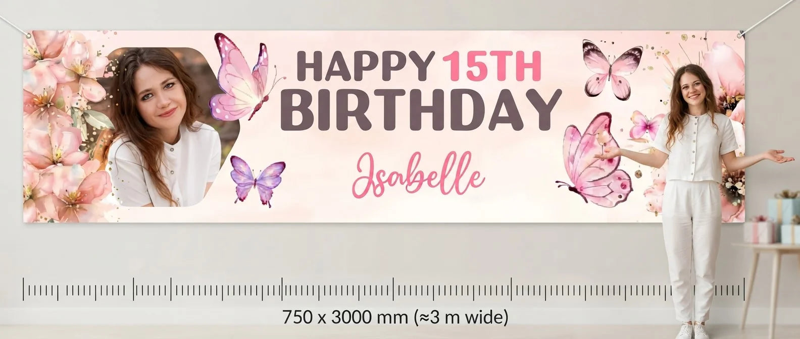 Person standing beside the Pink Butterfly Floral Theme Birthday Party Banner for scale, with size guide showing 750 x 3000 mm
