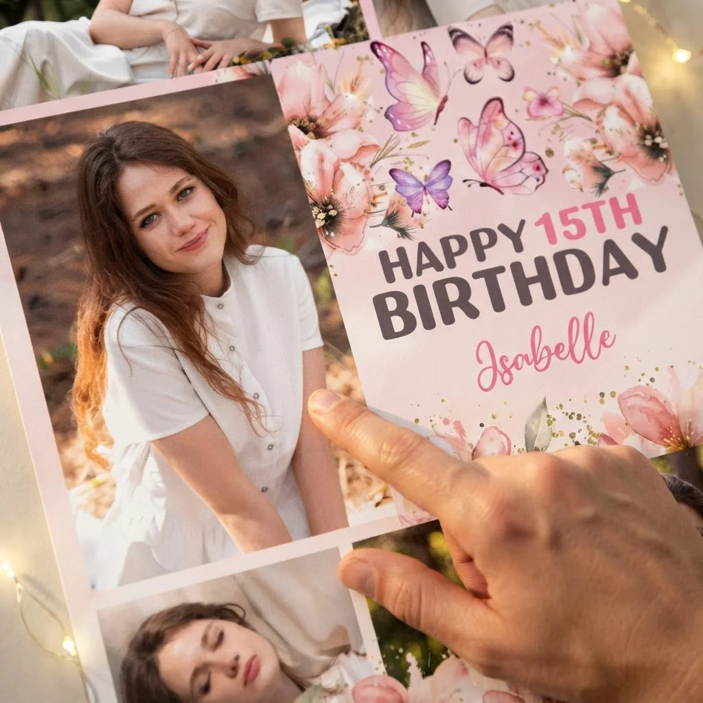 Close-up of the personalised name and photo printed on the Pink Butterfly Floral Theme Birthday Party Mega Card
