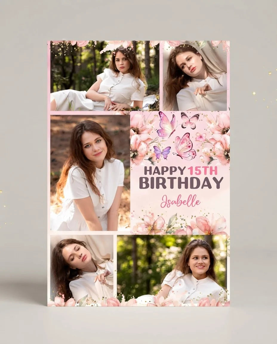 Personalised Pink Butterfly Floral Theme Birthday Party Mega Card displayed against a plain studio background