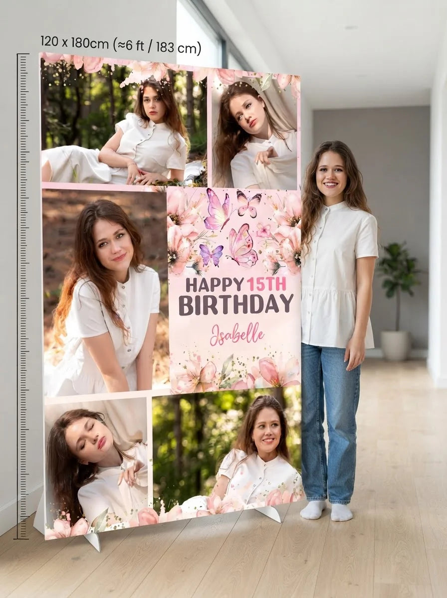 Person standing beside the Pink Butterfly Floral Theme Birthday Party Mega Card for scale in a size guide