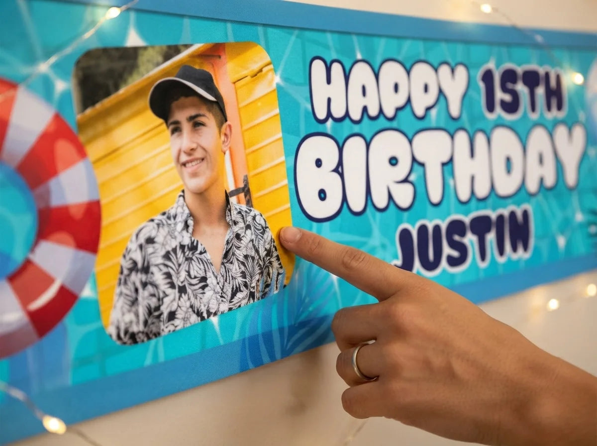 Close-up of the personalised name and photo printed on the Summer Pool Theme Birthday Party Banner