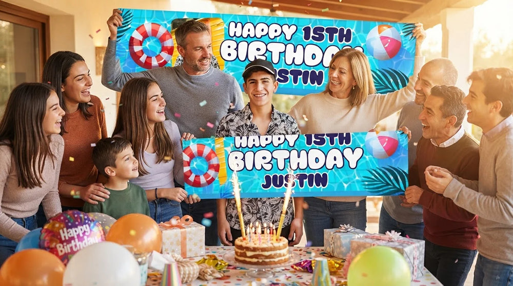 Friends and family celebrating with the personalised Summer Pool Theme Birthday Party Banner