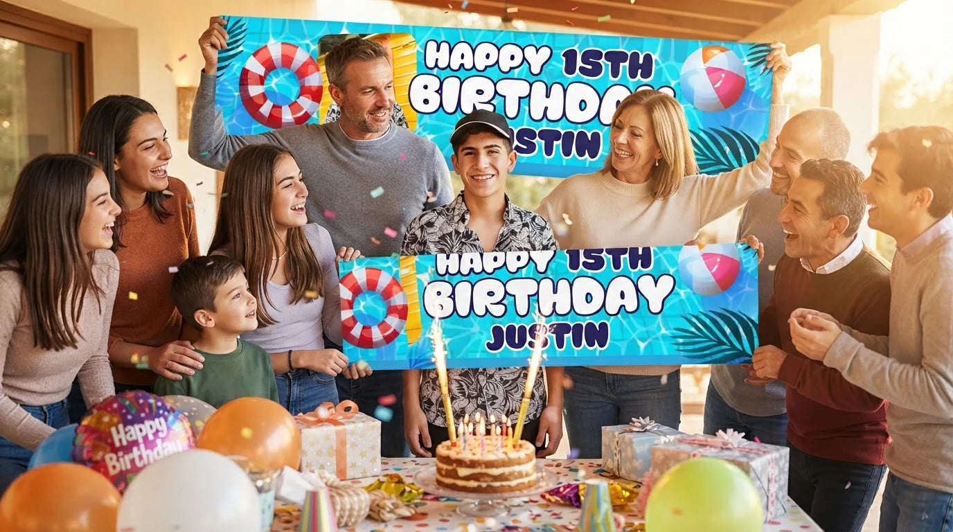 Friends and family celebrating with the personalised Summer Pool Theme Birthday Party Banner