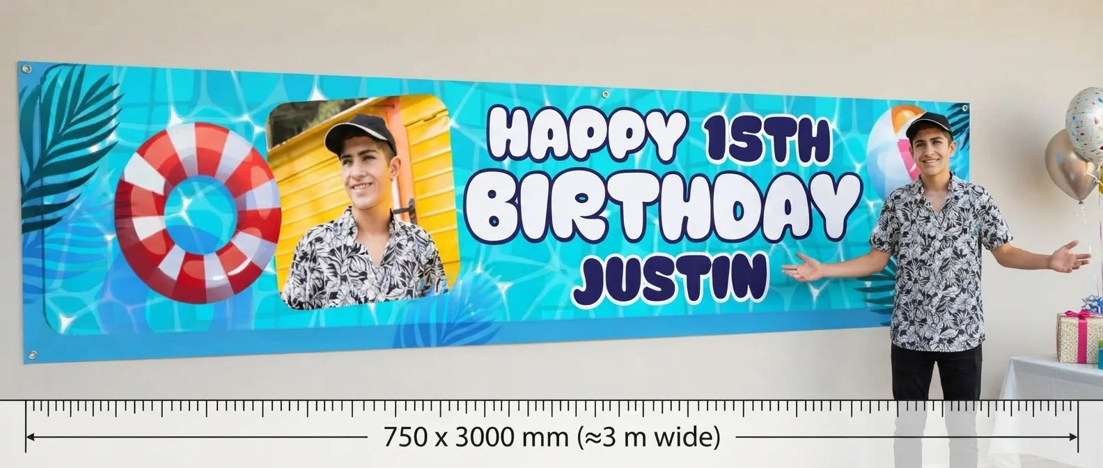 Person standing beside the Summer Pool Theme Birthday Party Banner for scale, with size guide showing 750 x 3000 mm