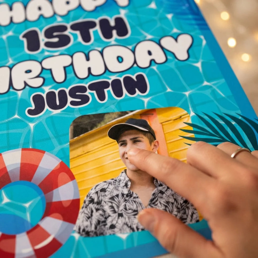 Close-up of the personalised name and photo printed on the Summer Pool Theme Birthday Party Mega Card