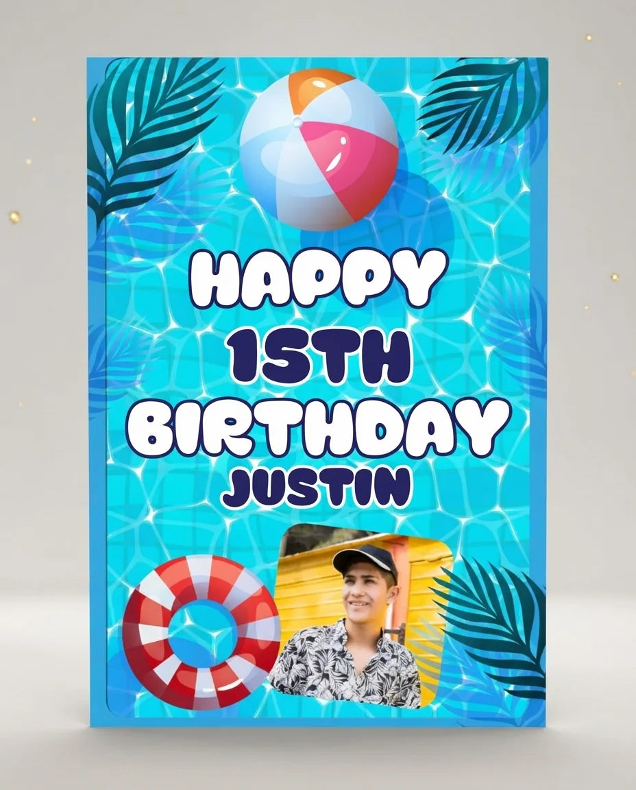 Personalised Summer Pool Theme Birthday Party Mega Card displayed against a plain studio background