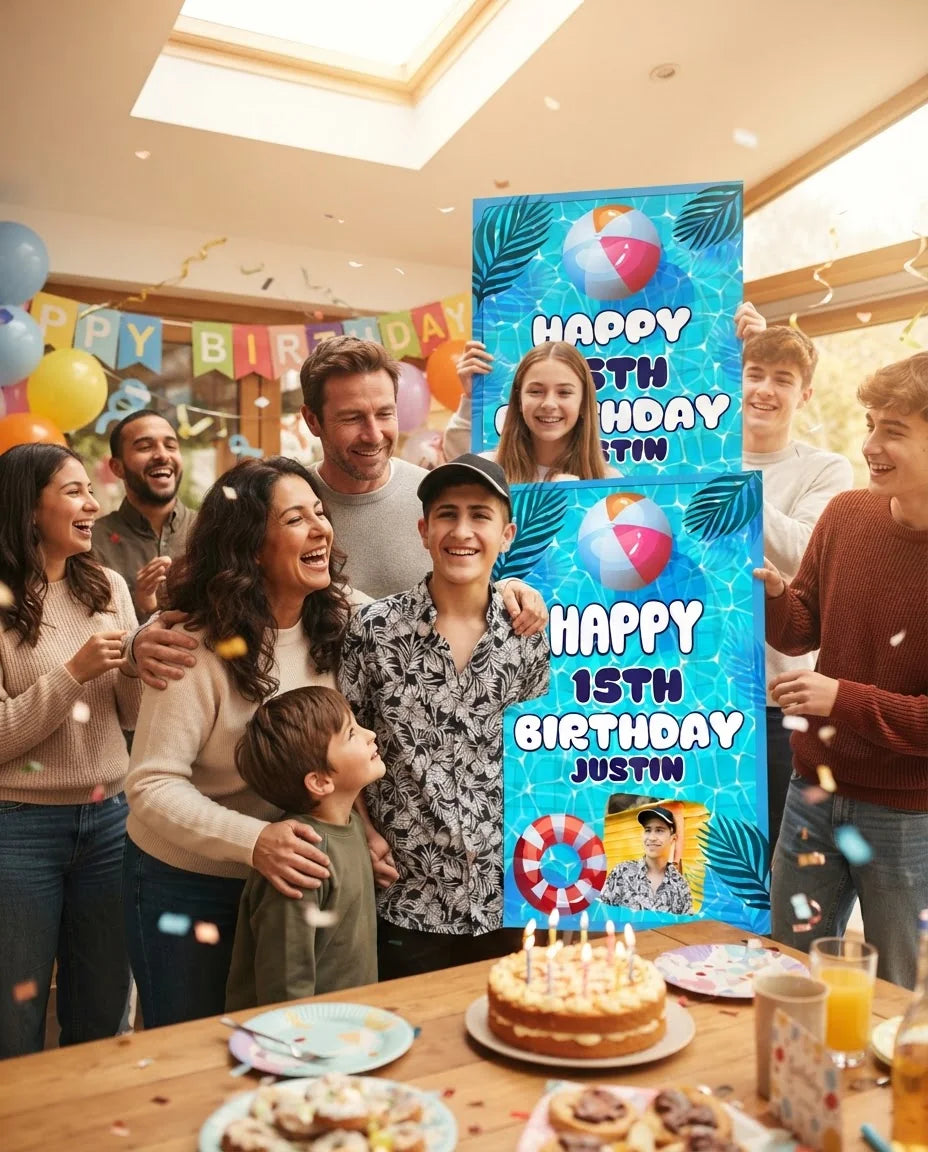 Friends and family celebrating with the personalised Summer Pool Theme Birthday Party Mega Card