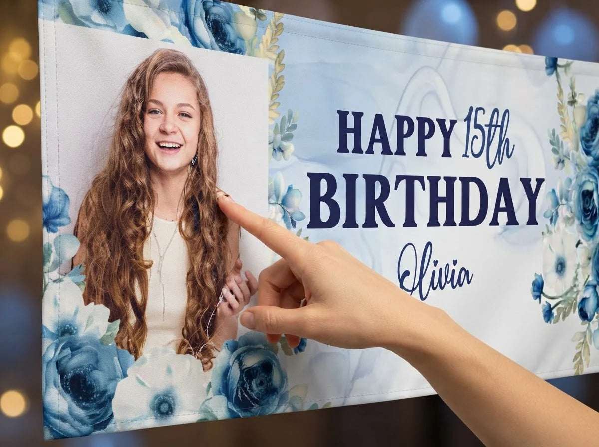 Close-up of the personalised name and photo printed on the Quinceanera Birthday Party Banner