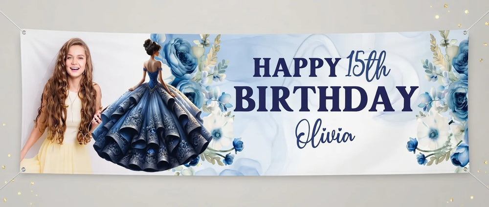 Personalised Quinceanera Birthday Party Banner displayed against a plain studio background