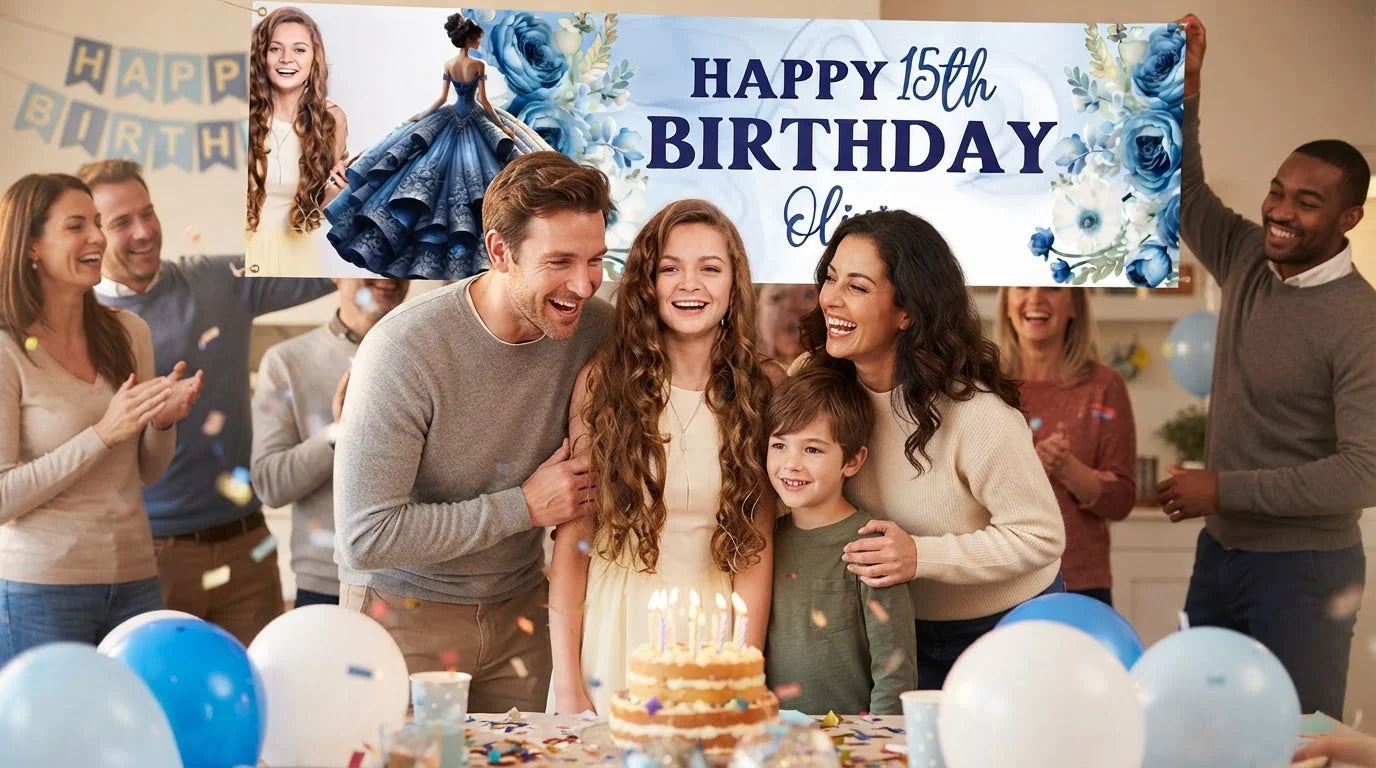 Friends and family celebrating with the personalised Quinceanera Birthday Party Banner
