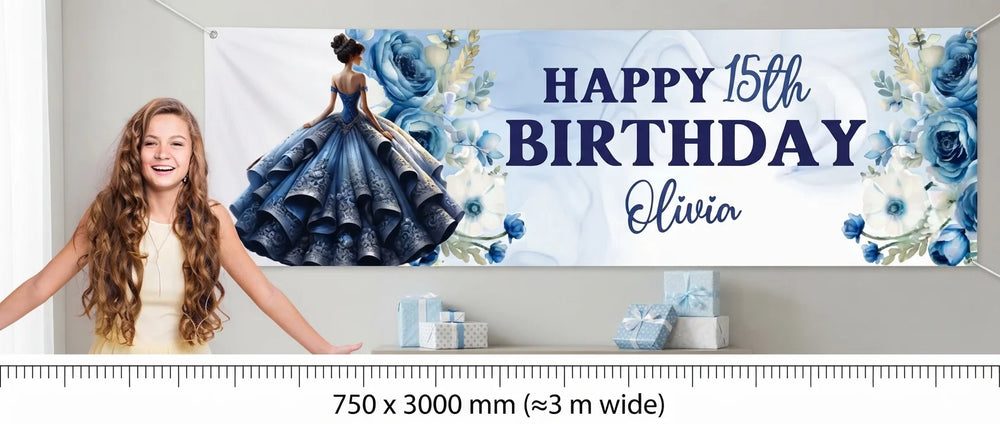 Person standing beside the Quinceanera Birthday Party Banner for scale, with size guide showing 750 x 3000 mm