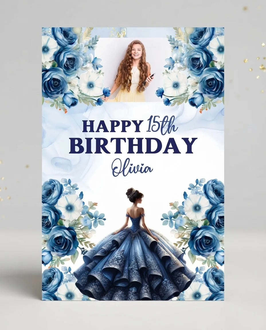 Personalised Quinceanera Birthday Party Mega Card displayed against a plain studio background
