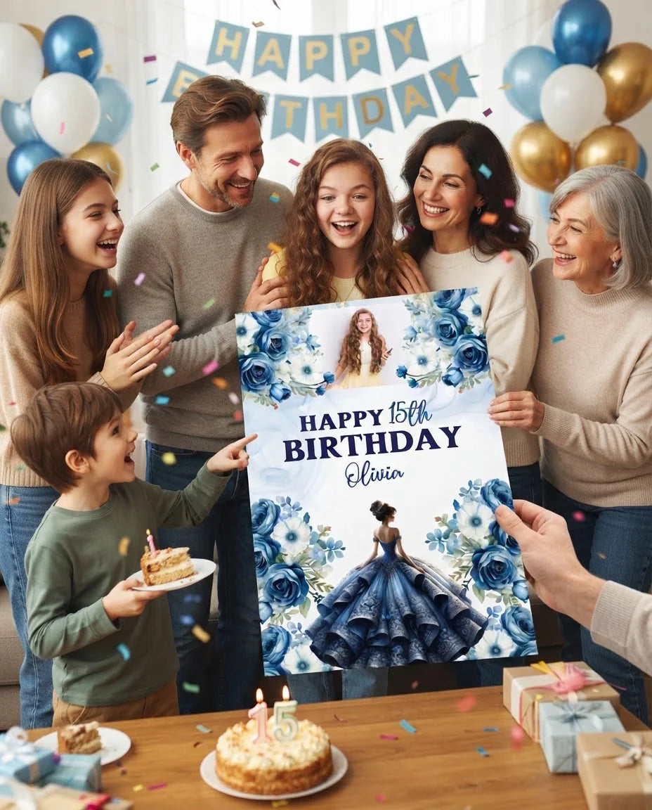Friends and family celebrating with the personalised Quinceanera Birthday Party Mega Card