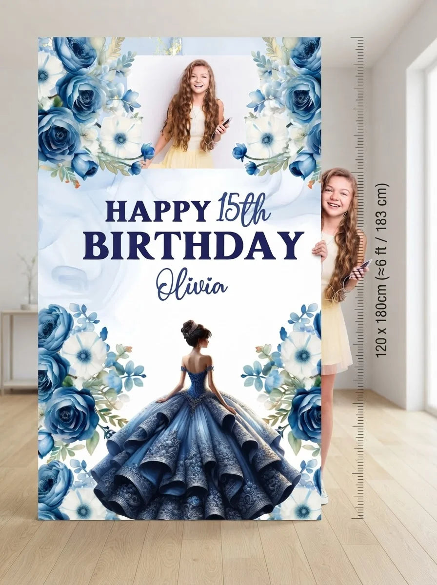 Person standing beside the Quinceanera Birthday Party Mega Card for scale in a size guide