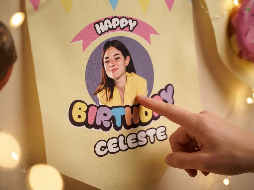 Close-up of the personalised name and photo printed on the Donut Theme Birthday Party Banner