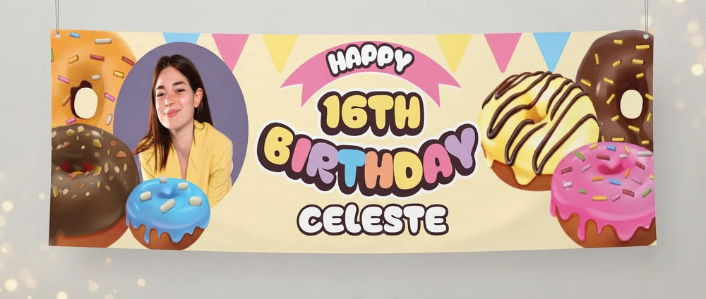 Personalised Donut Theme Birthday Party Banner displayed against a plain studio background