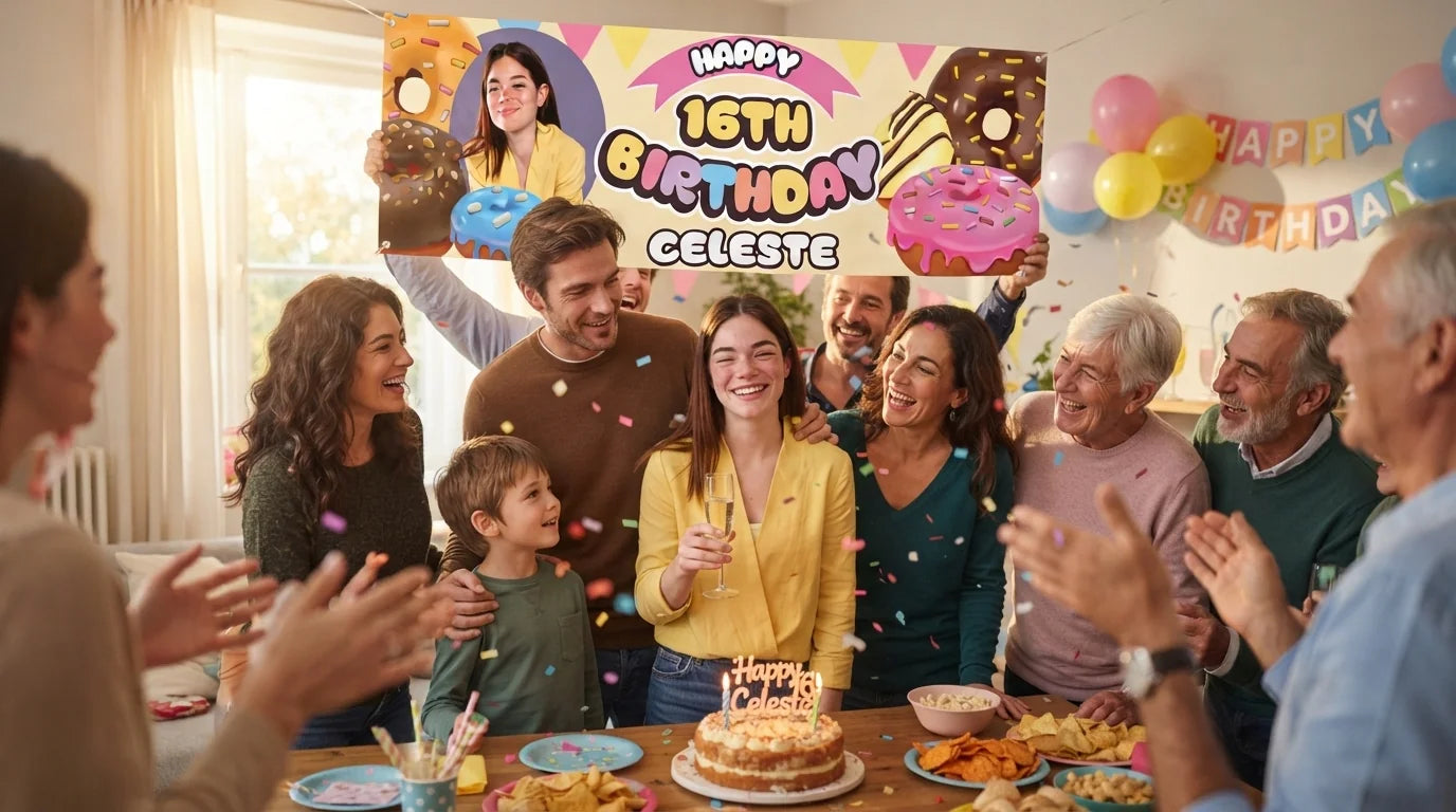 Friends and family celebrating with the personalised Donut Theme Birthday Party Banner