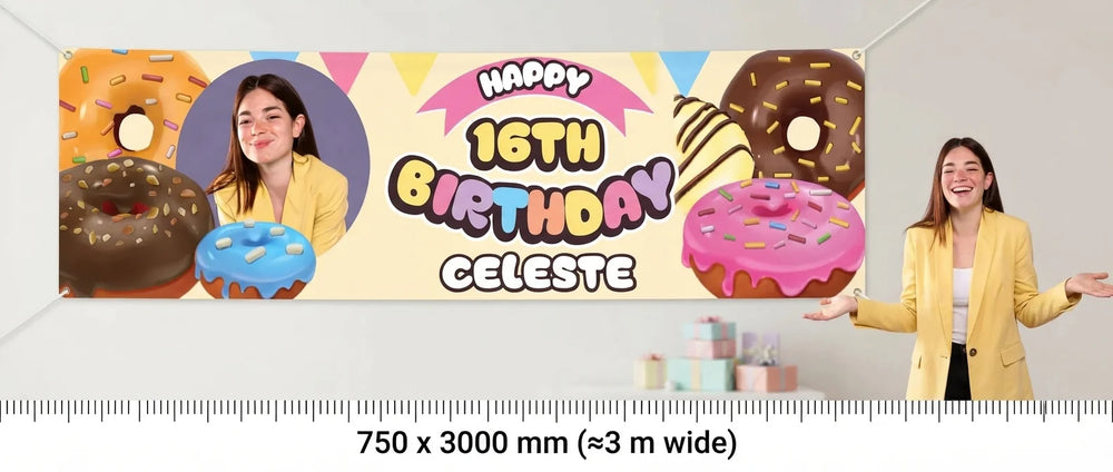 Person standing beside the Donut Theme Birthday Party Banner for scale, with size guide showing 750 x 3000 mm