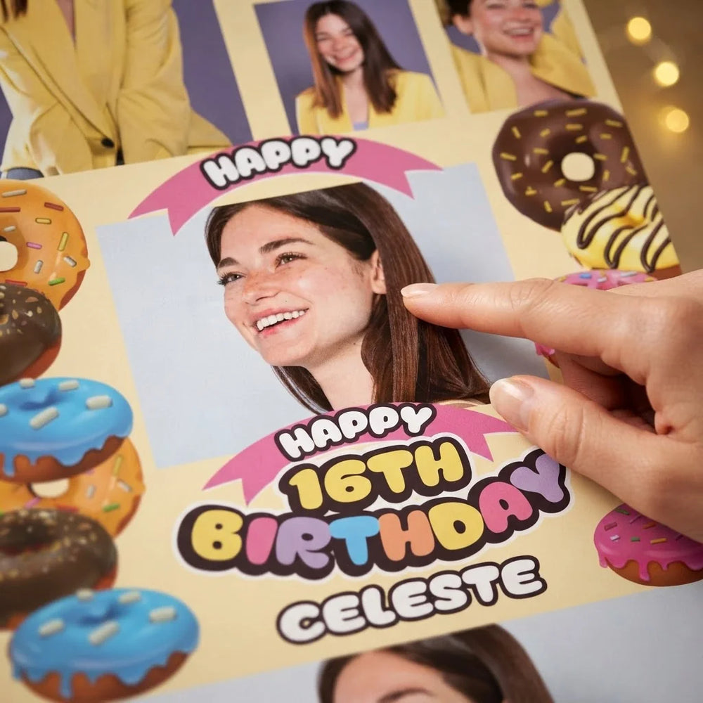 Close-up of the personalised name and photo printed on the Donut Theme Birthday Party Mega Card