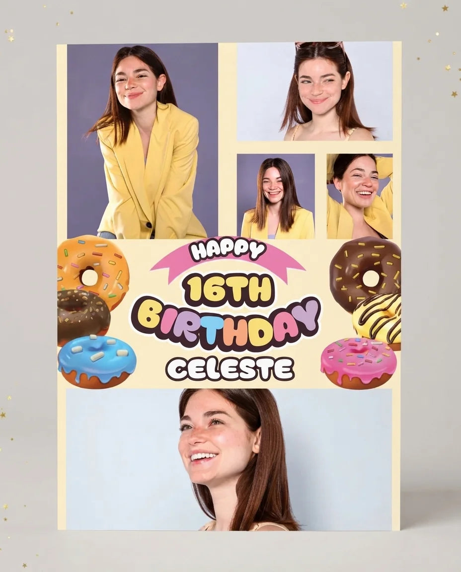 Personalised Donut Theme Birthday Party Mega Card displayed against a plain studio background