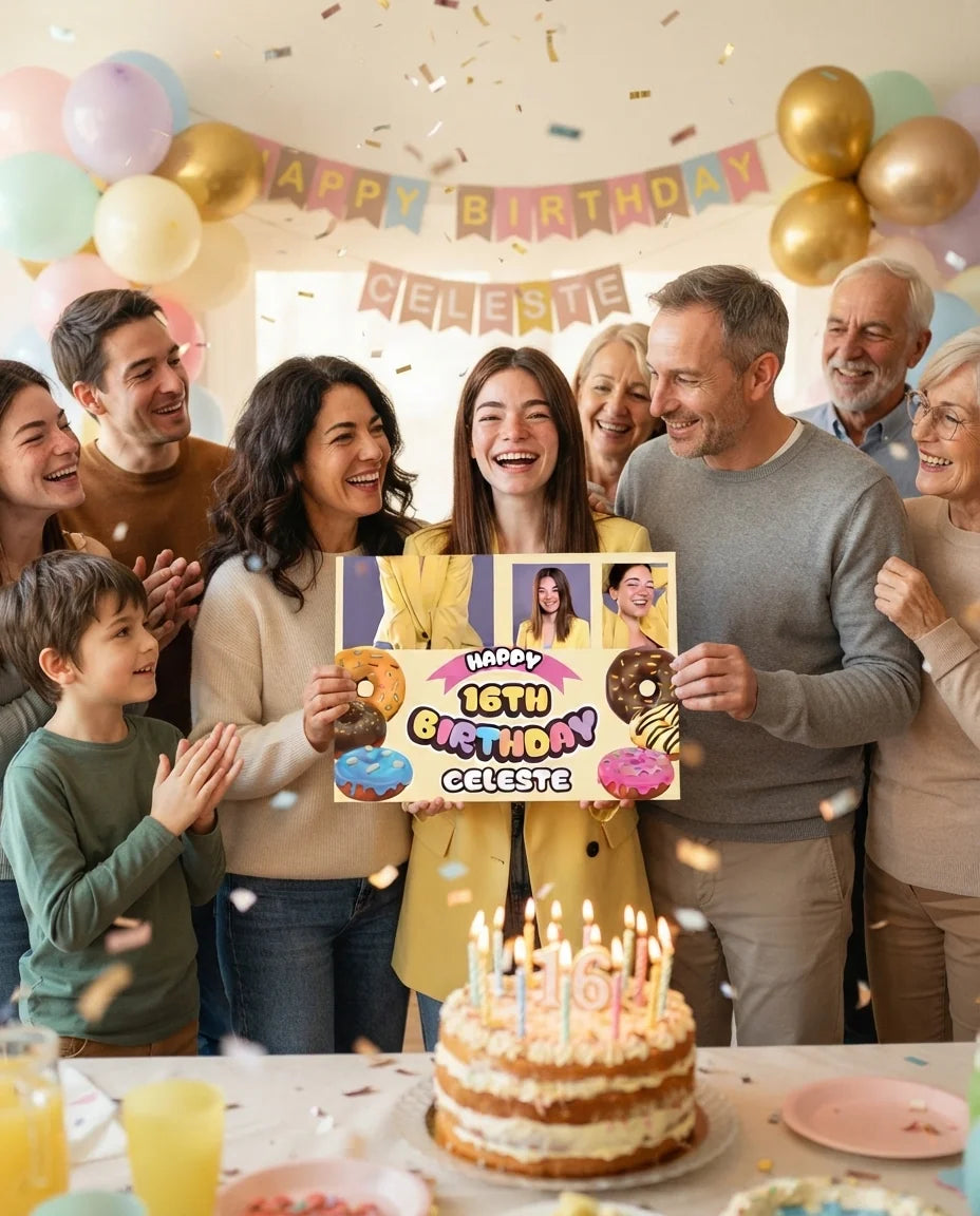 Friends and family celebrating with the personalised Donut Theme Birthday Party Mega Card