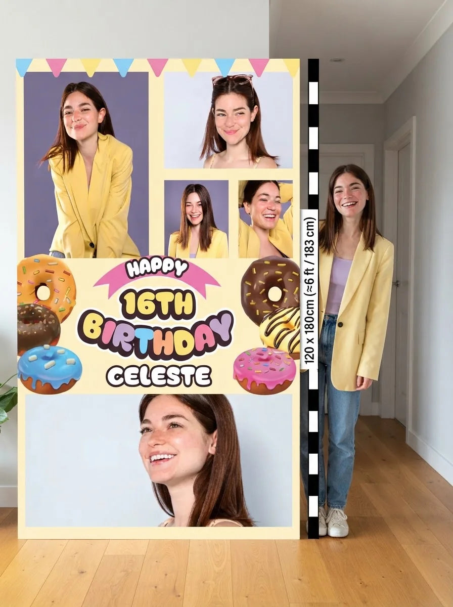 Person standing beside the Donut Theme Birthday Party Mega Card for scale in a size guide