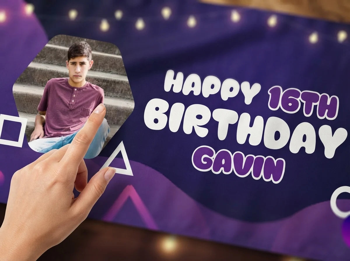 Close-up of the personalised name and photo printed on the Gamer Theme Birthday Party Banner