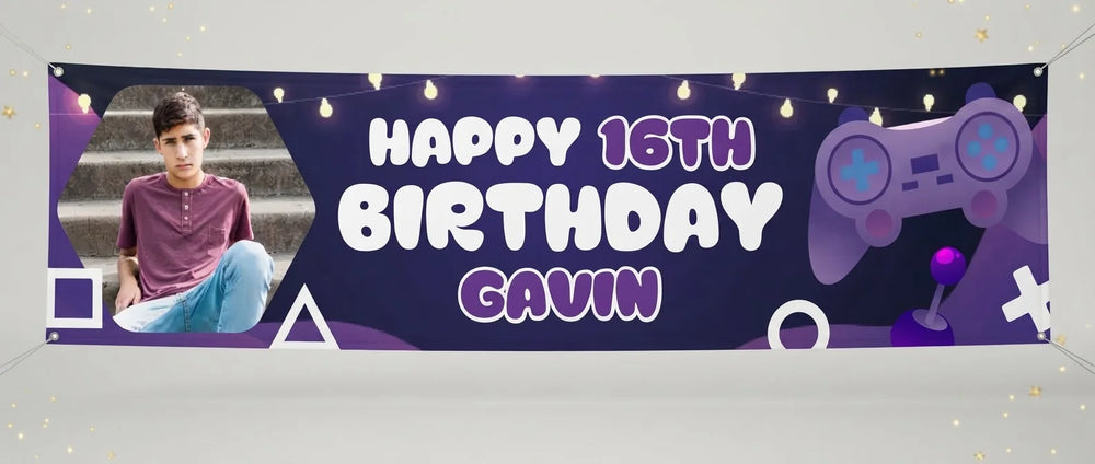 Personalised Gamer Theme Birthday Party Banner displayed against a plain studio background
