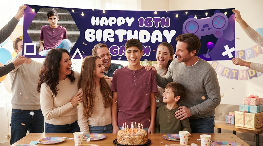 Friends and family celebrating with the personalised Gamer Theme Birthday Party Banner