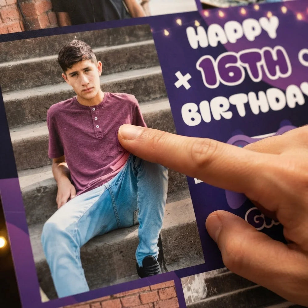 Close-up of the personalised name and photo printed on the Gamer Theme Birthday Party Mega Card