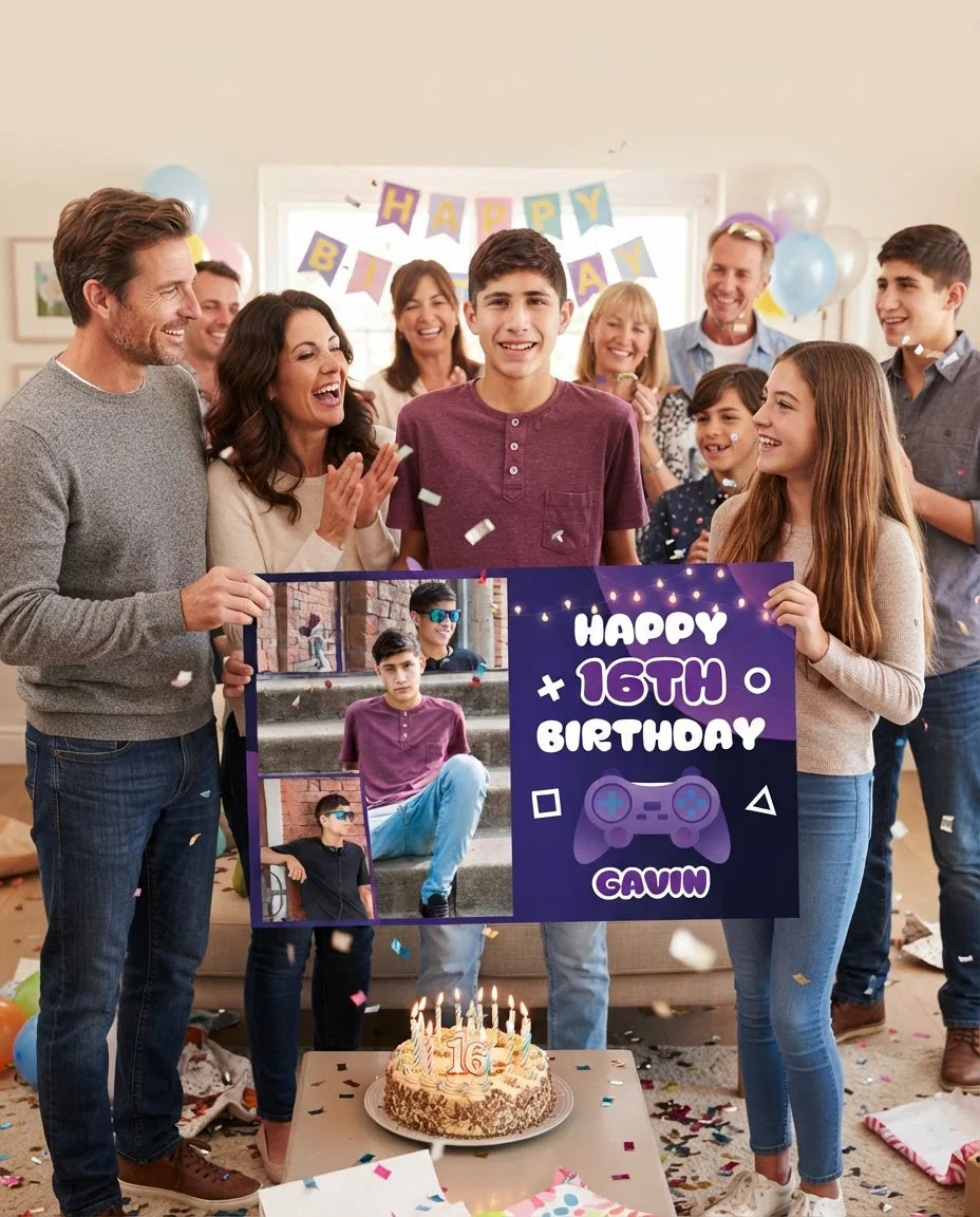 Friends and family celebrating with the personalised Gamer Theme Birthday Party Mega Card